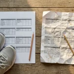 Two printed workout sheets side by side on a wooden table: one crisp and untouched with a pair of new trainers beside it, the other creased, coffee-ringed and crossed out with pencil, li