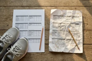 Two printed workout sheets side by side on a wooden table: one crisp and untouched with a pair of new trainers beside it, the other creased, coffee-ringed and crossed out with pencil, li