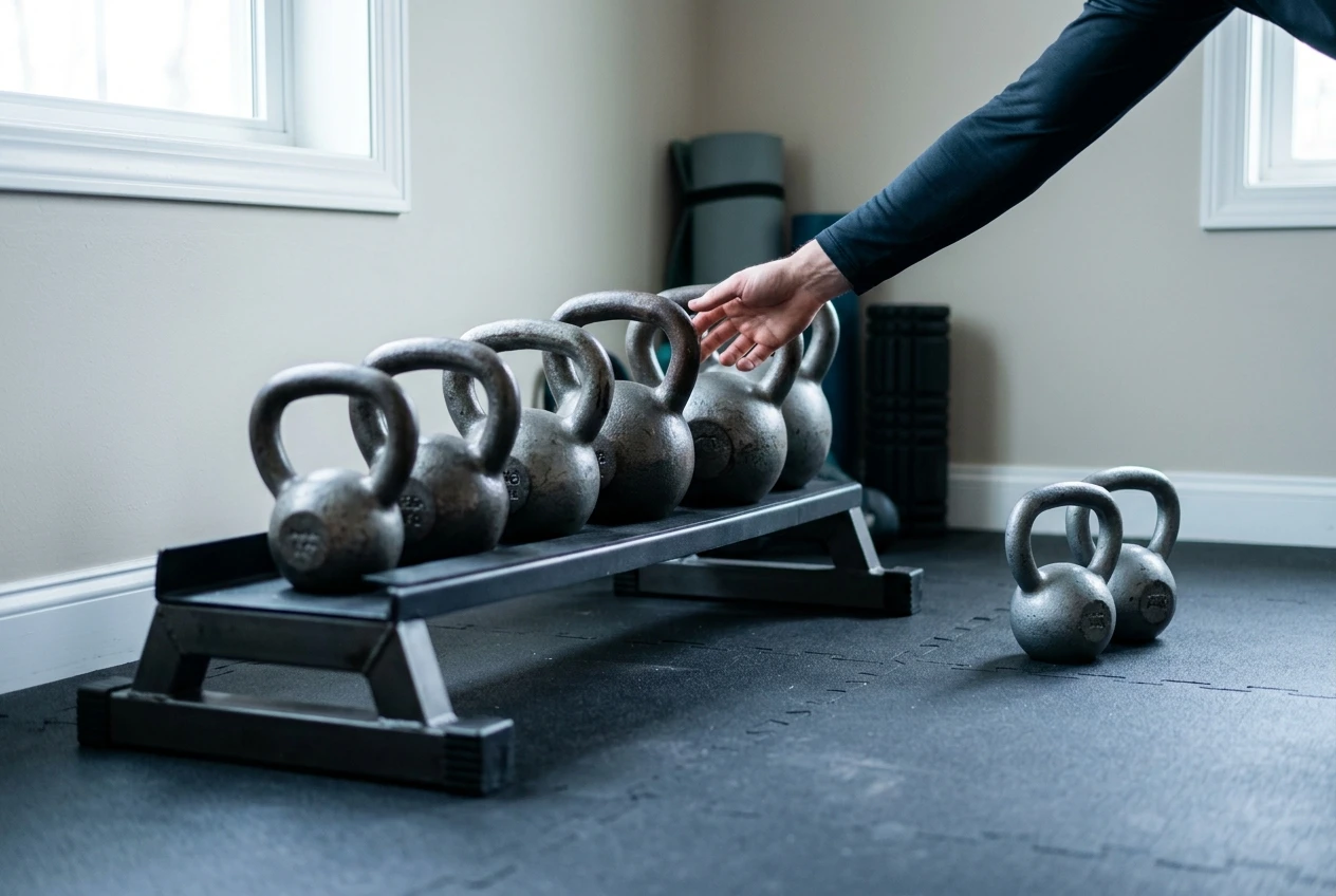 A row of kettlebells of increasing weight on a short rack, with a hand reaching for the next size up while the lighter pair rests on the floor nearby, in a clean home gym corner with cool daylight.